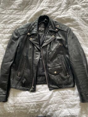 Black Leather Biker Jacket with Silver Hardware